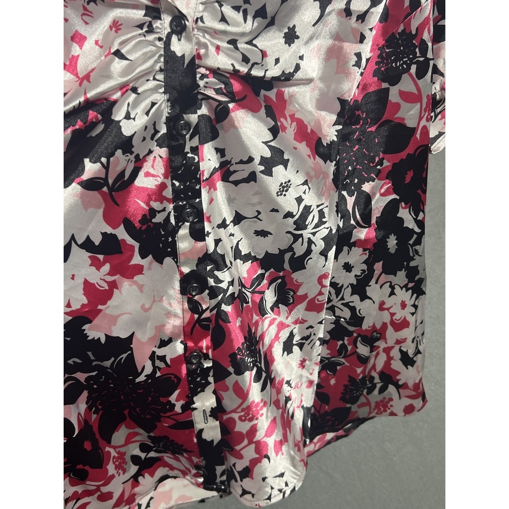 CATO Women's XL Floral Blouse White Black Pink Short Sleeve Twisted Front Top - Picture 4 of 6